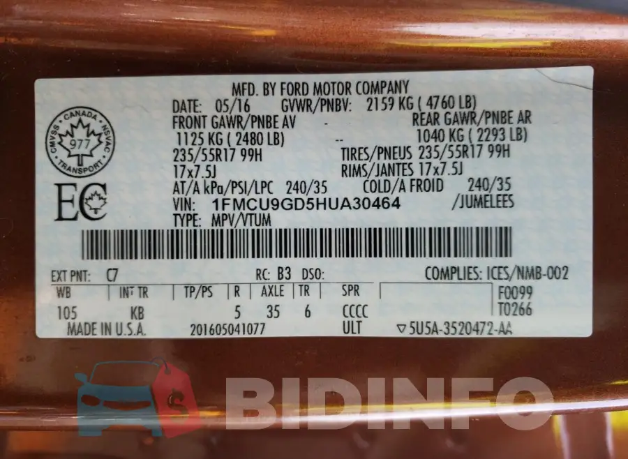 1FMCU9GD5HUA30464 Photo# 10