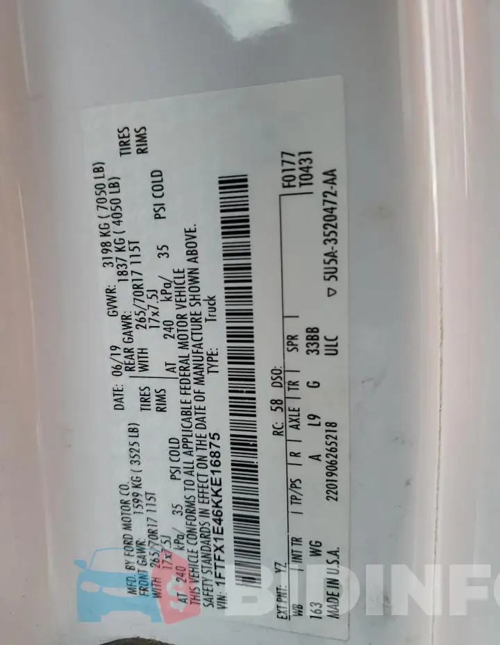 1FTFX1E46KKE16875 Photo# 13
