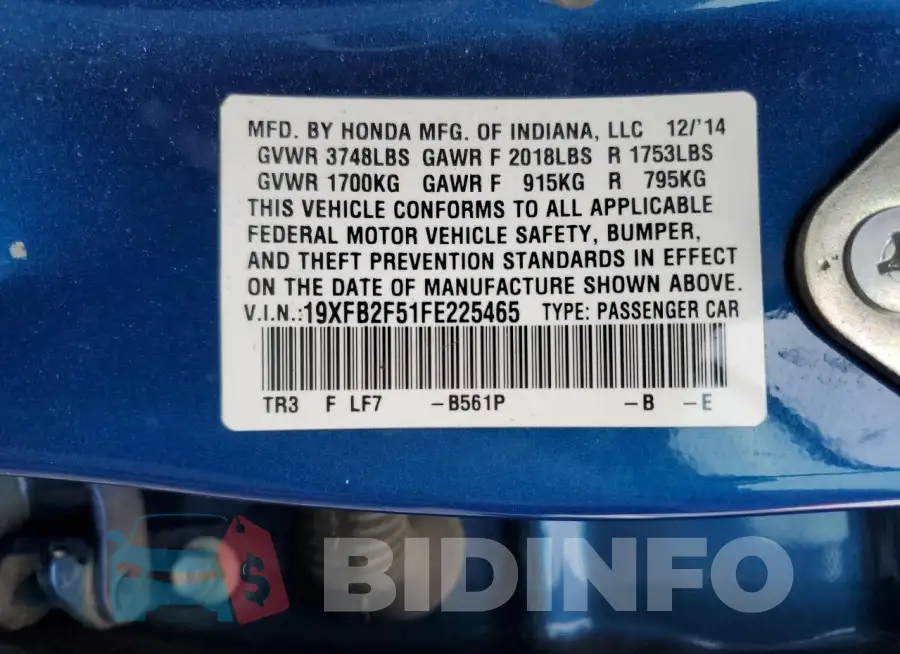 19XFB2F51FE225465 Photo# 13
