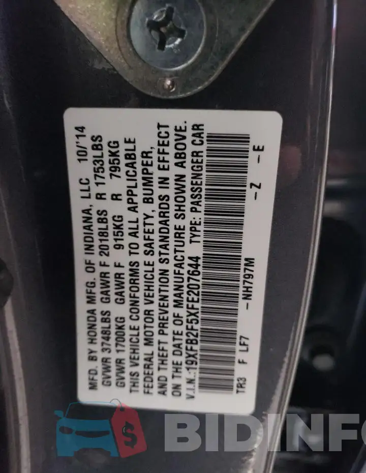 19XFB2F5XFE207644 Photo# 13