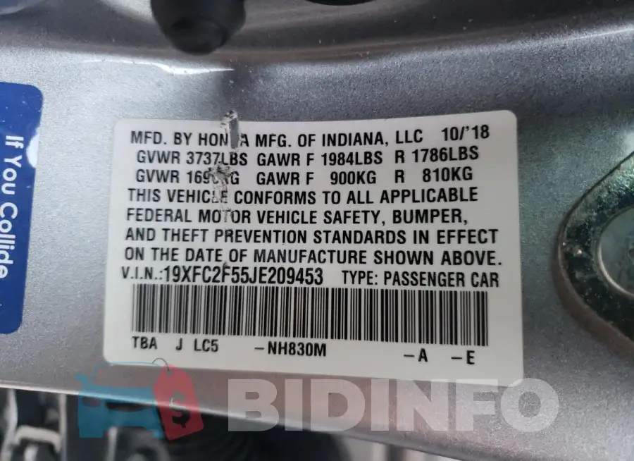 19XFC2F55JE209453 Photo# 12
