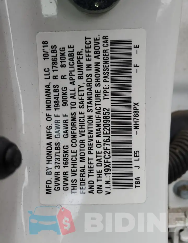 19XFC2F76JE209852 Photo# 12