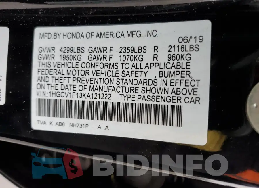 1HGCV1F13KA121222 Photo# 12