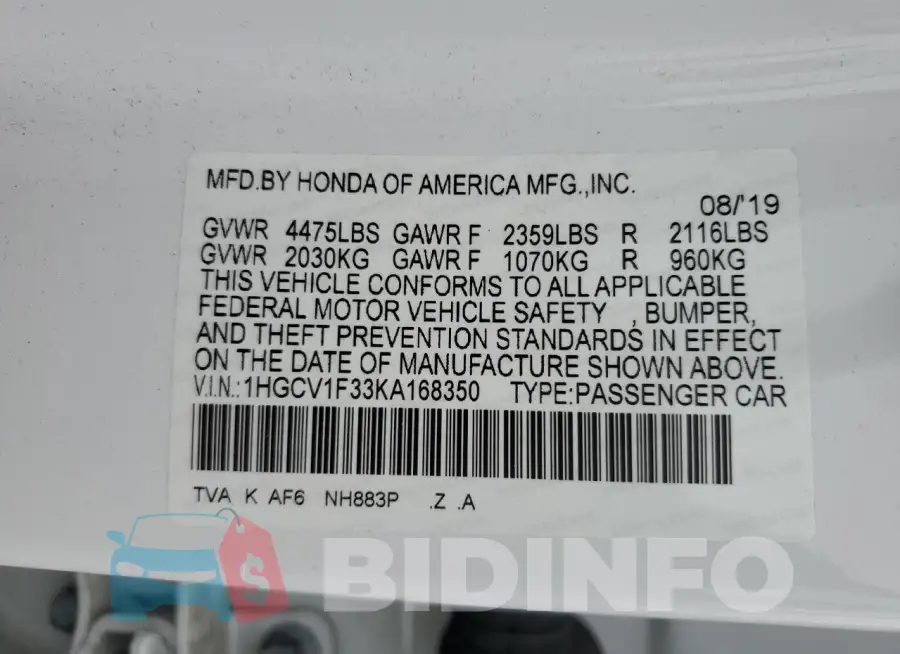 1HGCV1F33KA168350 Photo# 13