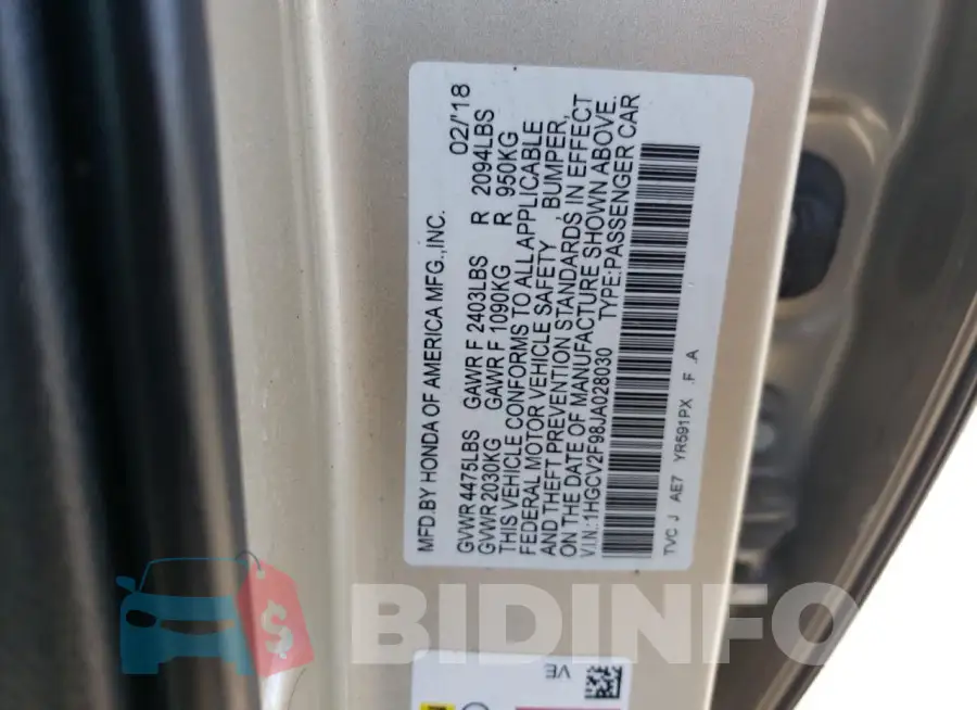 1HGCV2F98JA028030 Photo# 12