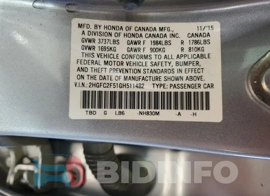 2HGFC2F51GH511482 Photo# 12