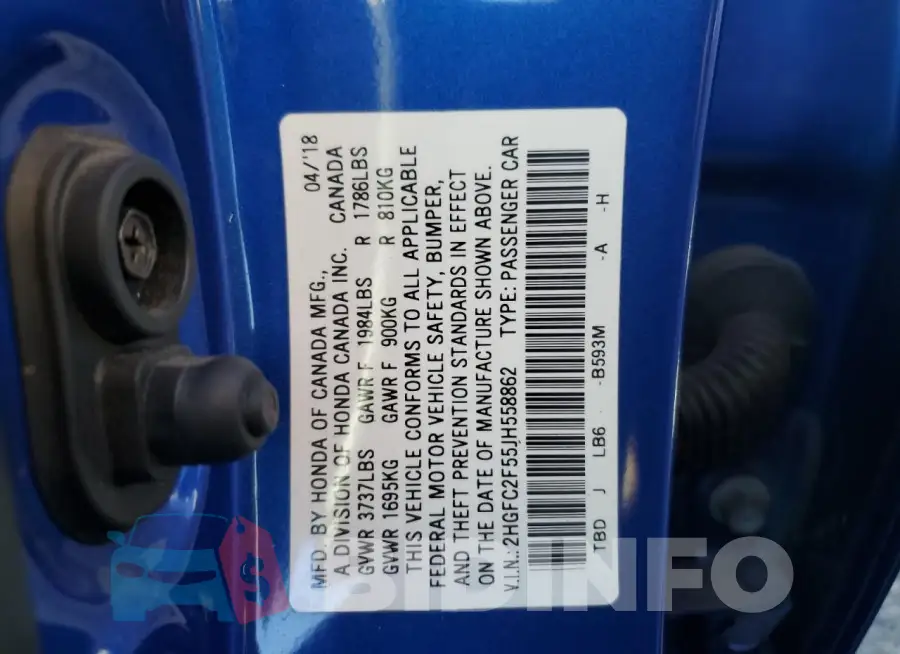2HGFC2F55JH558862 Photo# 13