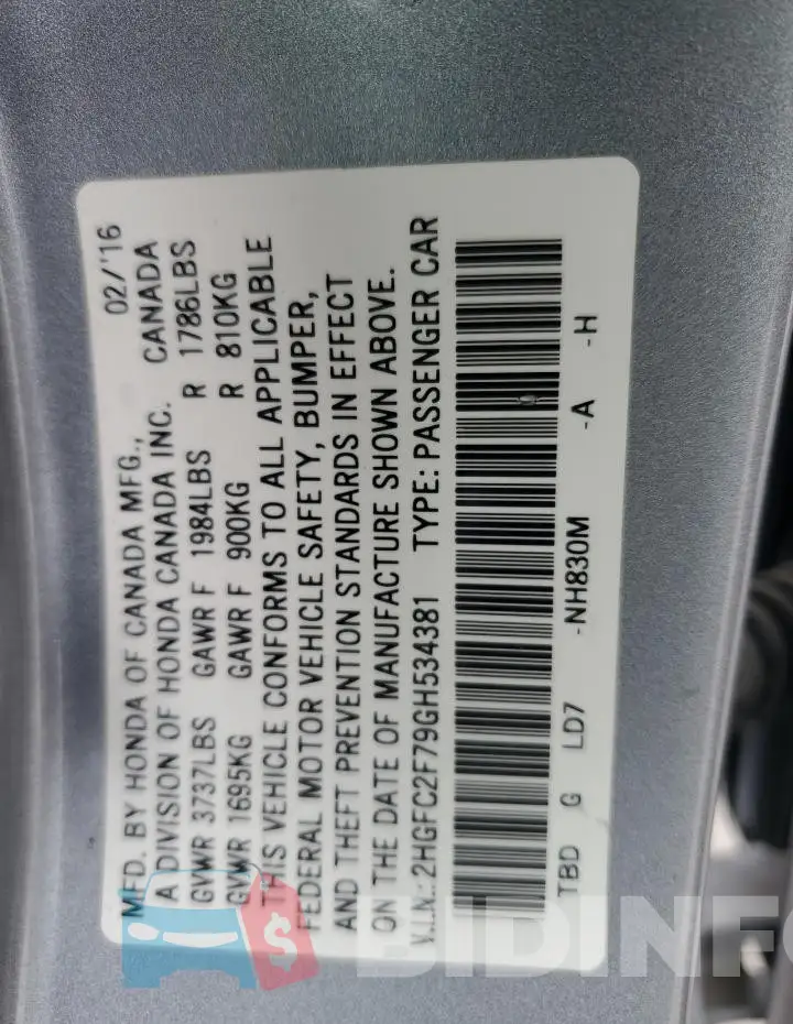 2HGFC2F79GH534381 Photo# 12
