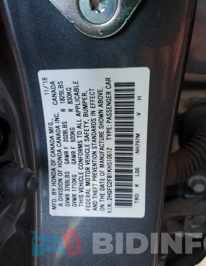 2HGFC2F81KH510612 Photo# 12