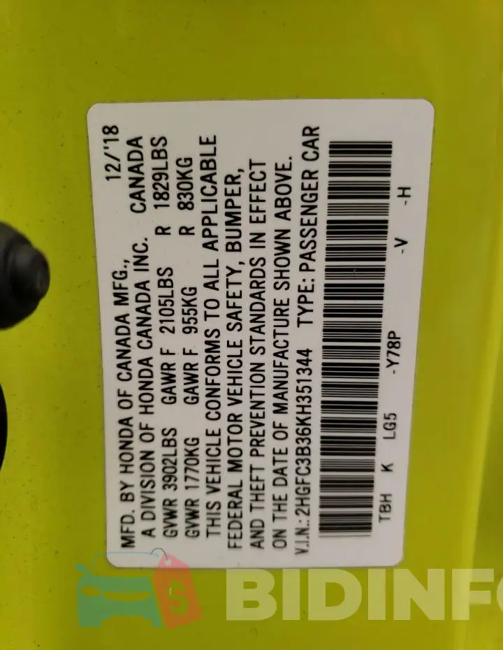 2HGFC3B36KH351344 Photo# 13