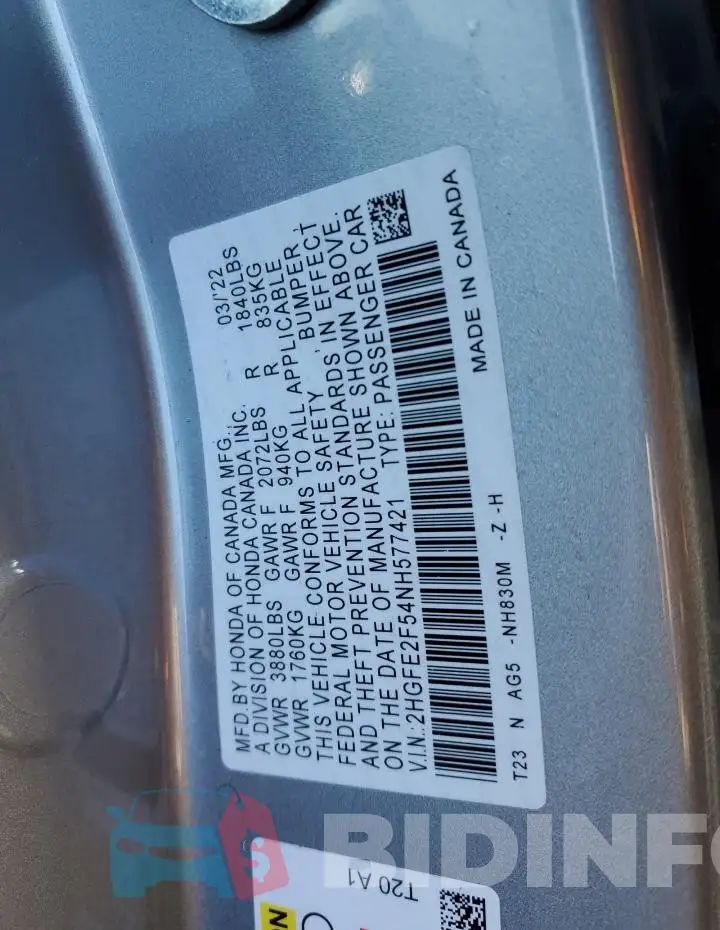 2HGFE2F54NH577421 Photo# 12