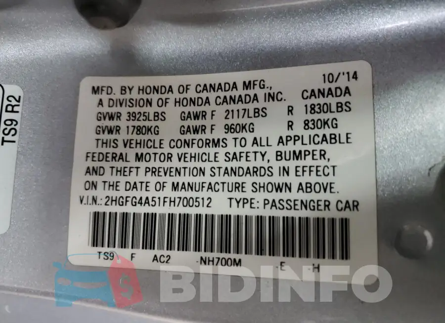 2HGFG4A51FH700512 Photo# 13