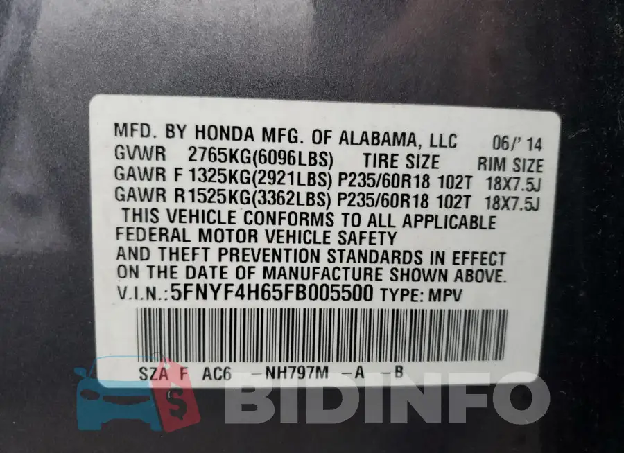 5FNYF4H65FB005500 Photo# 13