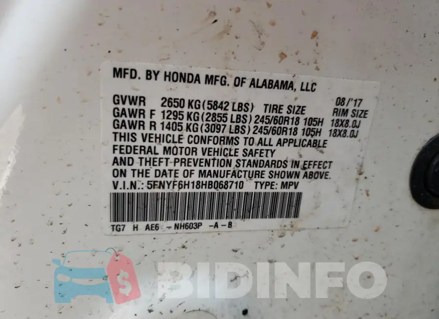 5FNYF6H18HB068710 Photo# 12