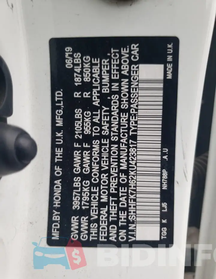 SHHFK7H62KU423817 Photo# 12