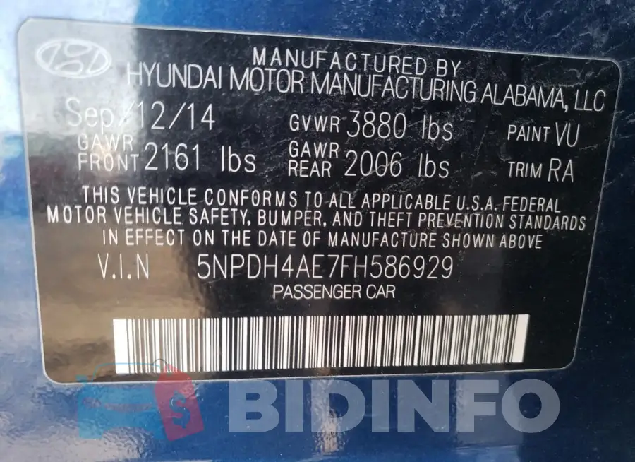 5NPDH4AE7FH586929 Photo# 12