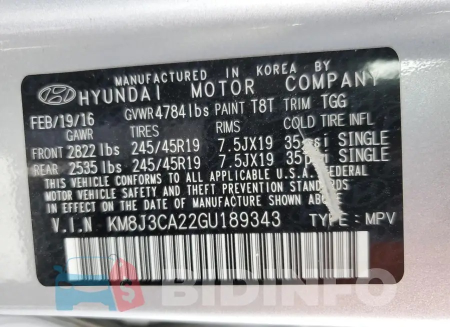 KM8J3CA22GU189343 Photo# 14