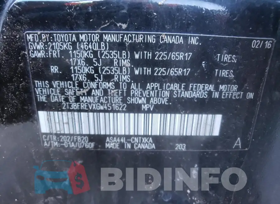 2T3BFREVXGW451622 Photo# 12