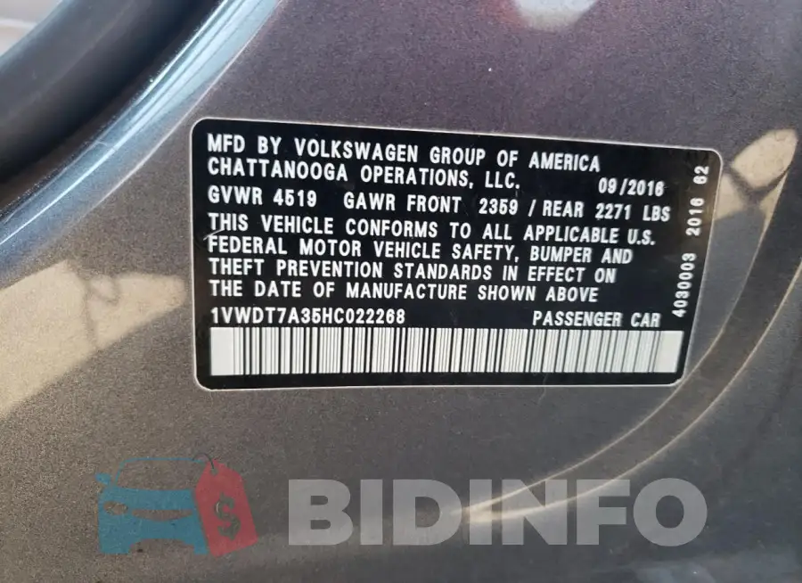 1VWDT7A35HC022268 Photo# 12