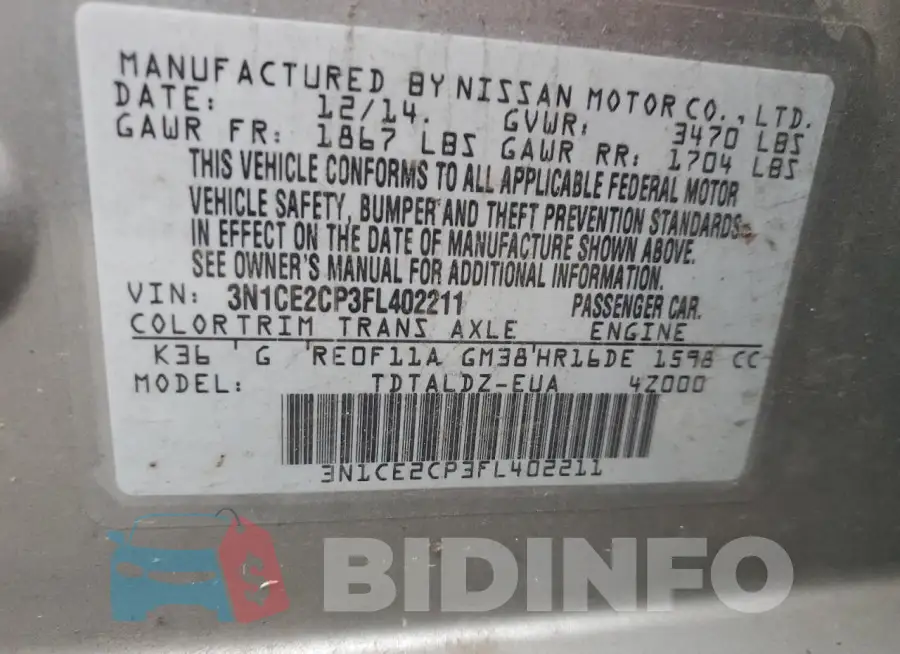 3N1CE2CP3FL402211 Photo# 13