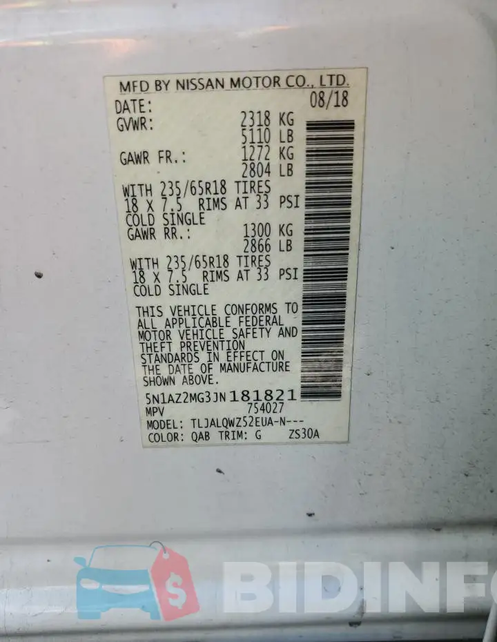 5N1AZ2MG3JN181821 Photo# 12