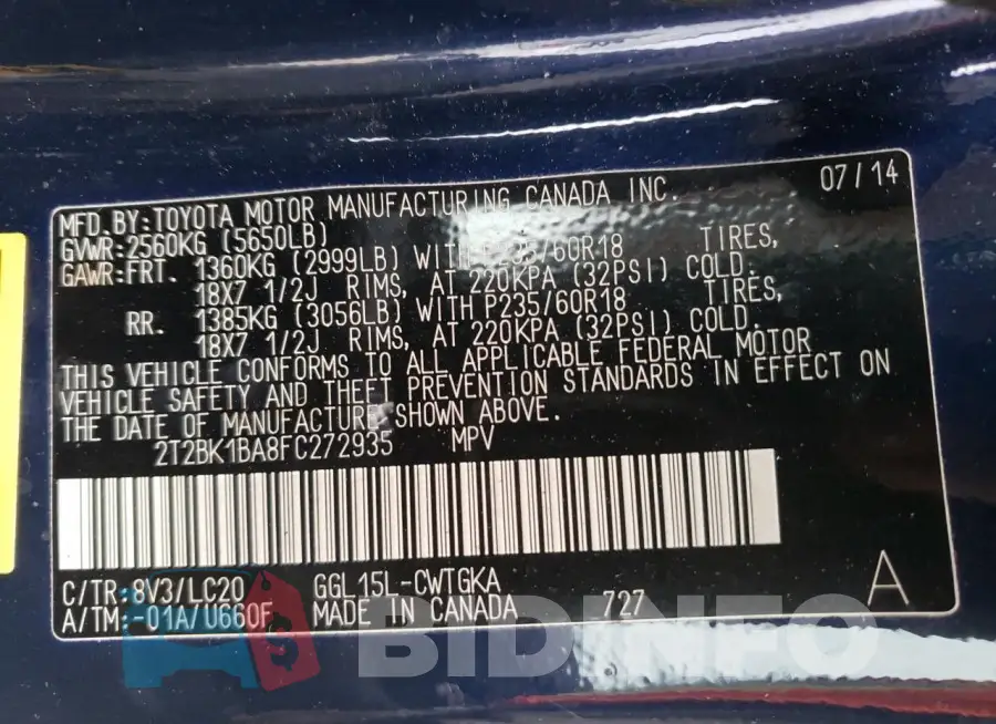2T2BK1BA8FC272935 Photo# 12