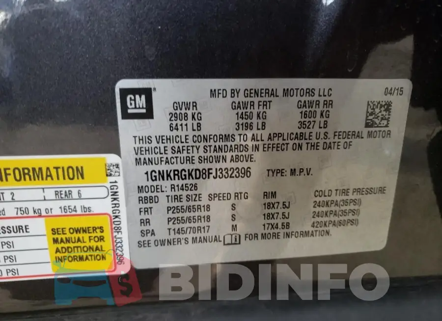 1GNKRGKD8FJ332396 Photo# 14