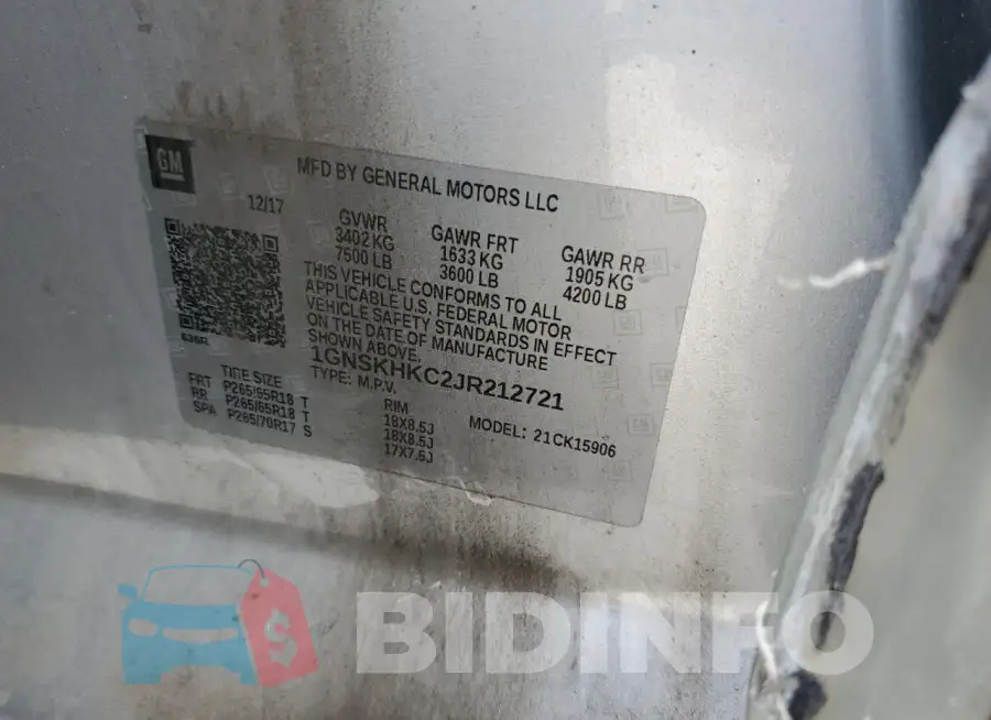 1GNSKHKC2JR212721 Photo# 12