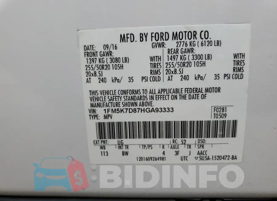 1FM5K7D87HGA93333 Photo# 13