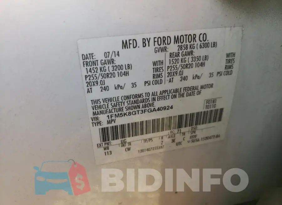 1FM5K8GT3FGA40924 Photo# 13