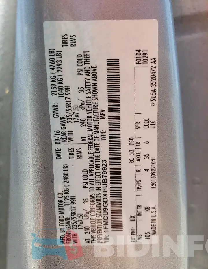 1FMCU9GDXHUB79923 Photo# 13