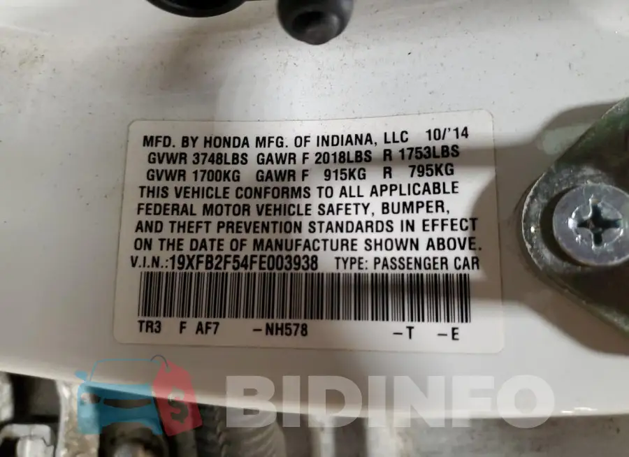 19XFB2F54FE003938 Photo# 12