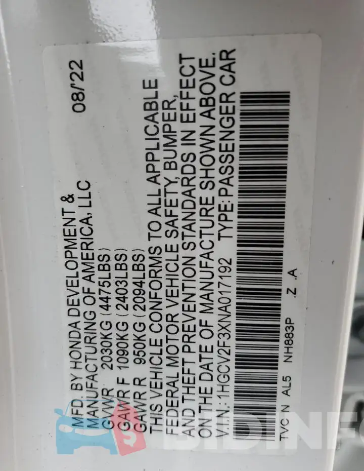 1HGCV2F3XNA017192 Photo# 12