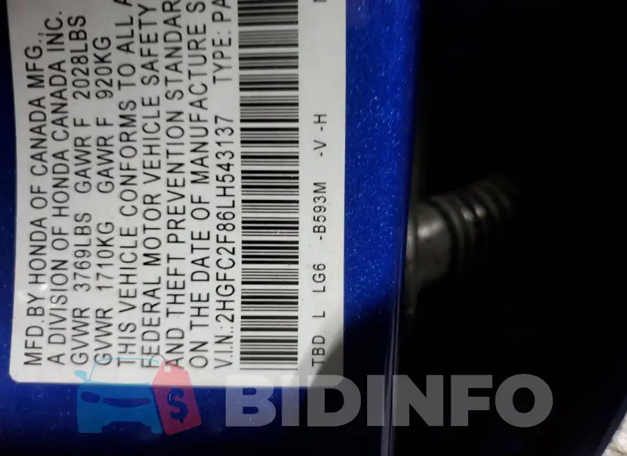 2HGFC2F86LH543137 Photo# 12