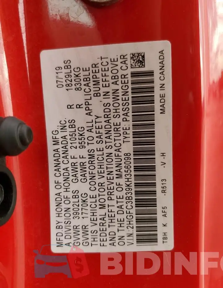 2HGFC3B39KH356098 Photo# 12