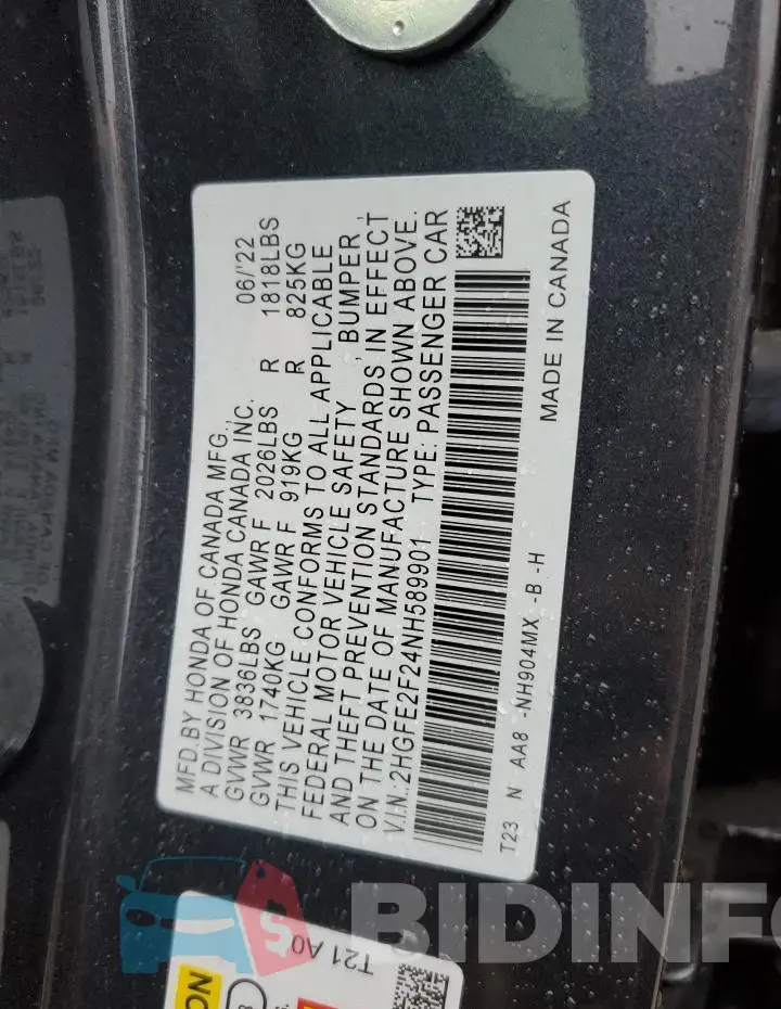 2HGFE2F24NH589901 Photo# 13
