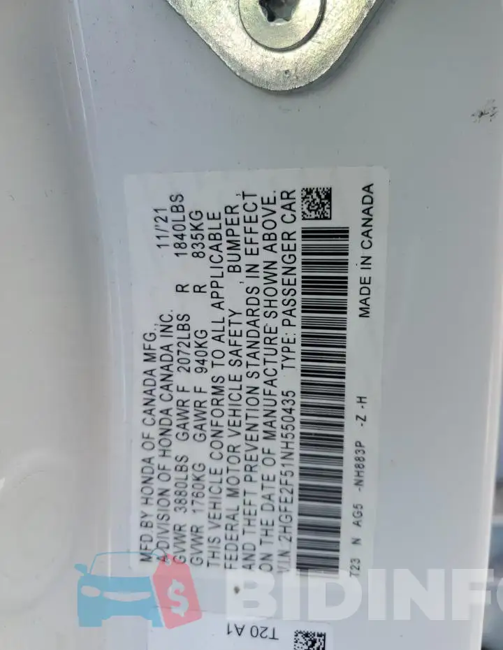 2HGFE2F51NH550435 Photo# 12
