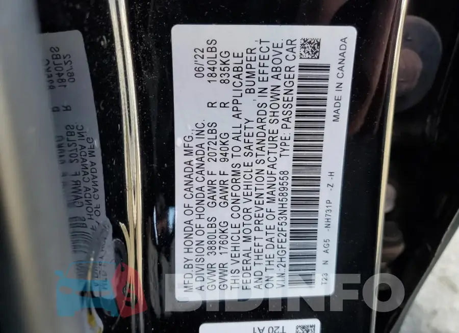 2HGFE2F53NH589558 Photo# 12
