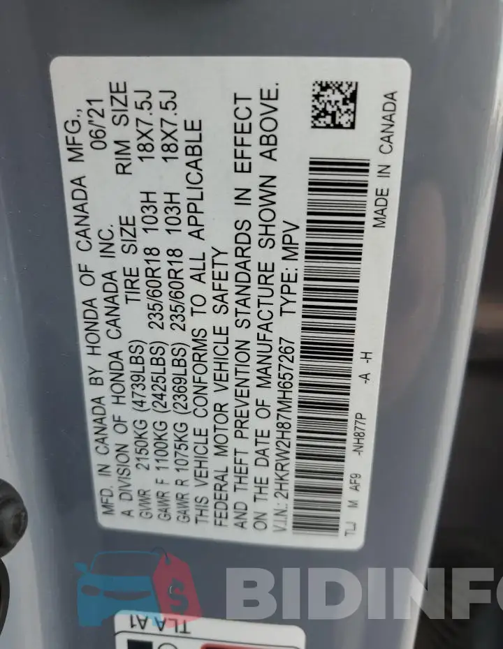 2HKRW2H87MH657267 Photo# 13