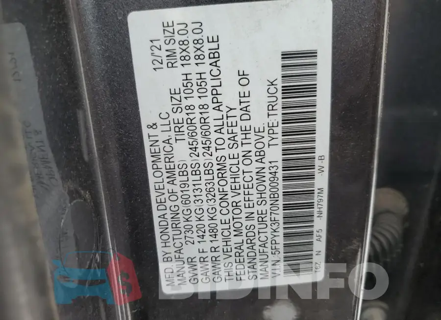 5FPYK3F70NB009431 Photo# 12