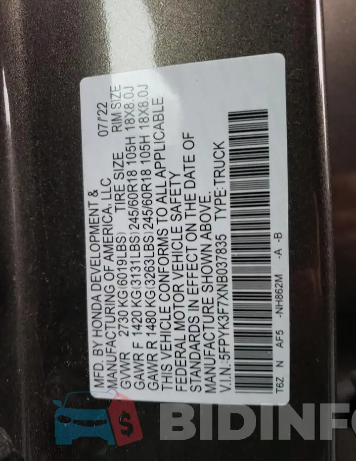5FPYK3F7XNB037835 Photo# 12