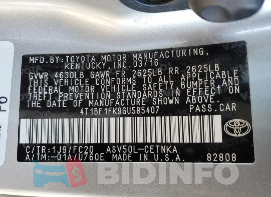 4T1BF1FK9GU585407 Photo# 13