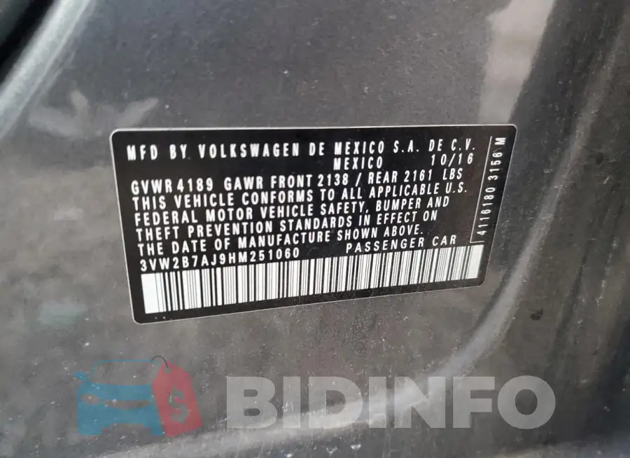 3VW2B7AJ9HM251060 Photo# 12