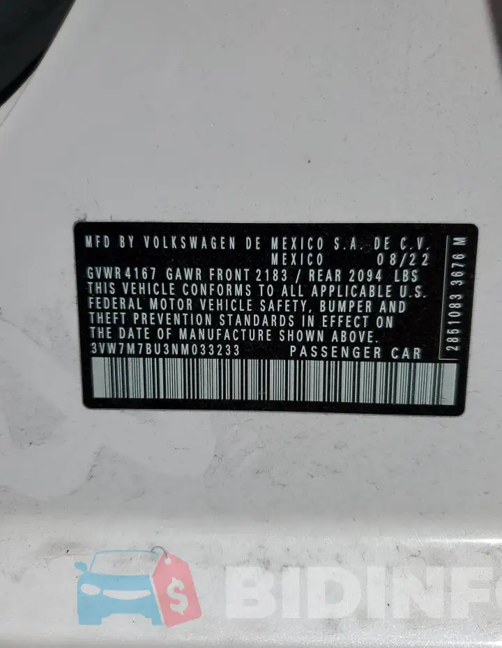 3VW7M7BU3NM033233 Photo# 12