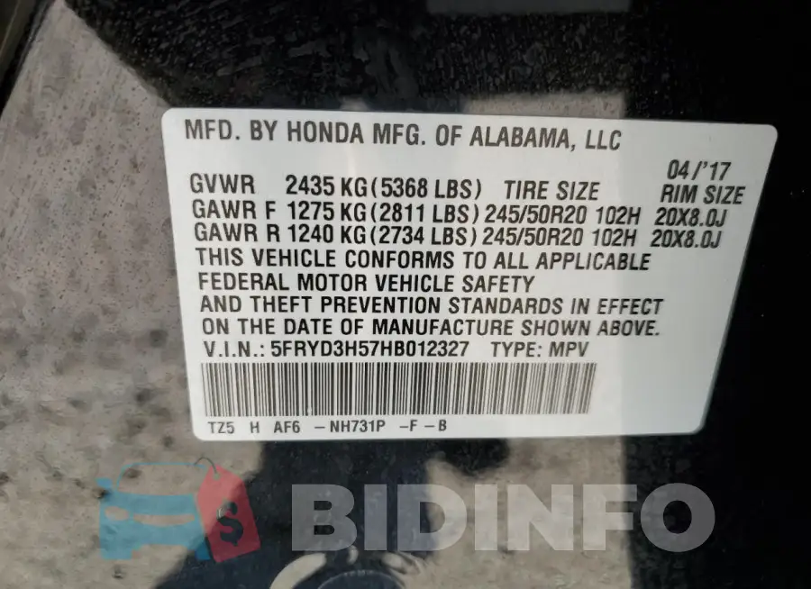 5FRYD3H57HB012327 Photo# 13