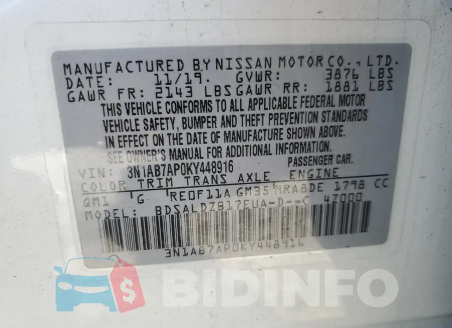 3N1AB7AP0KY448916 Photo# 13
