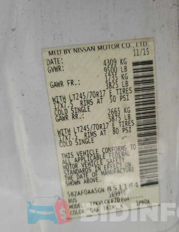 5BZAF0AA5GN851184 Photo# 13