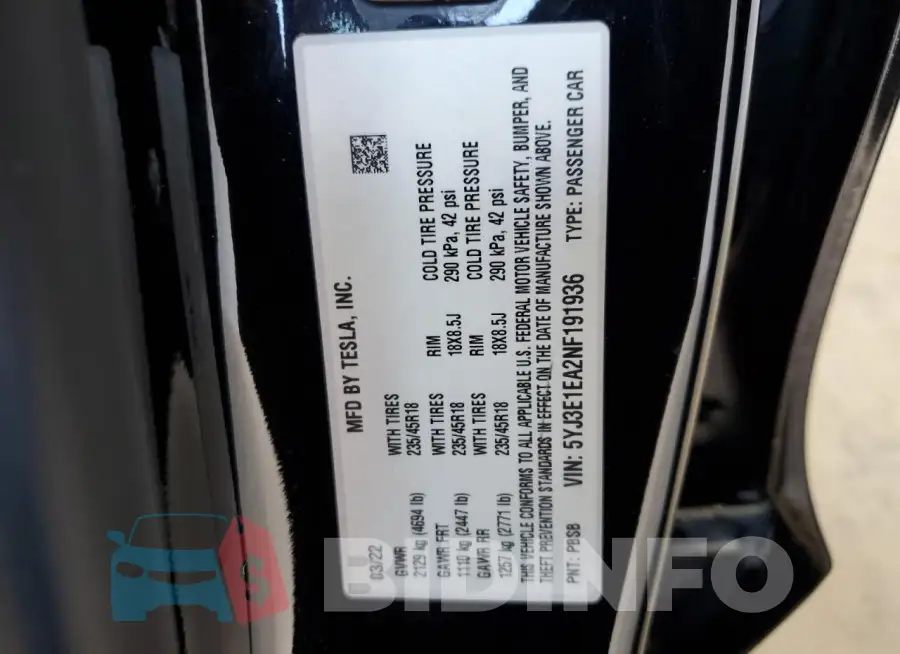 5YJ3E1EA2NF191936 Photo# 13