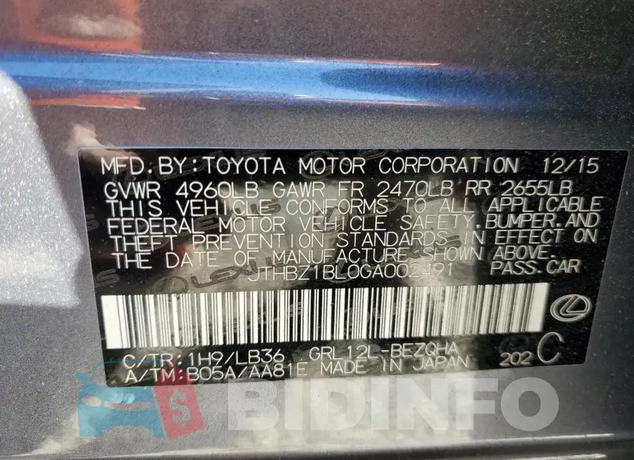 JTHBZ1BL0GA002491 Photo# 12