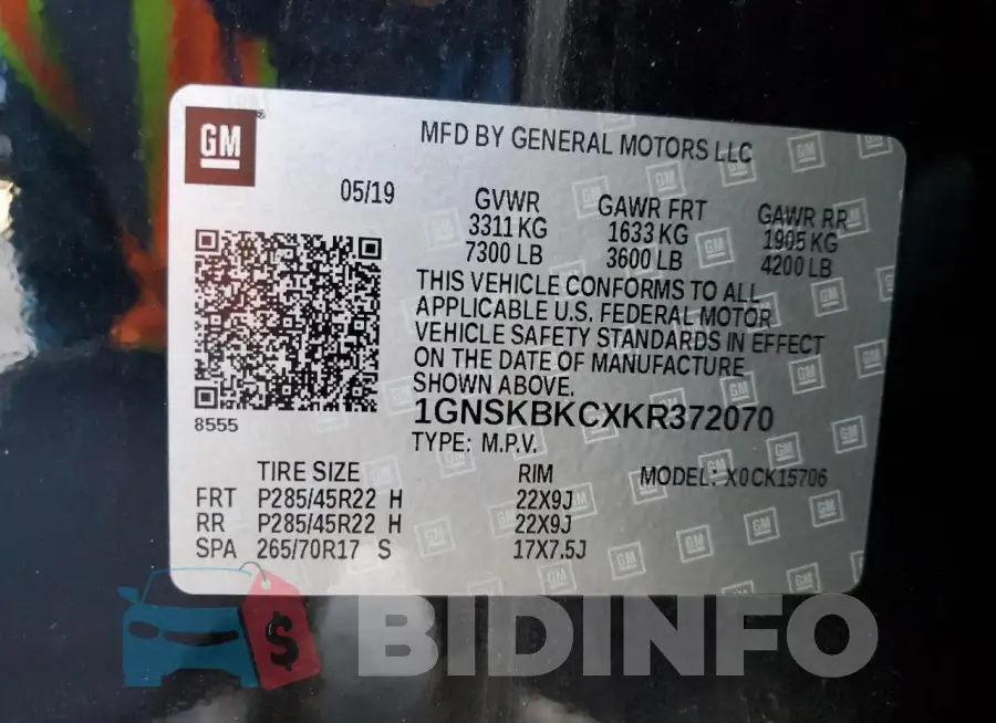 1GNSKBKCXKR372070 Photo# 13